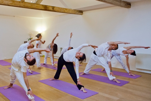 Sampoorna yoga studio team in Trikonasana pose
